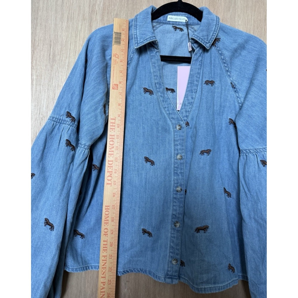 Avec Les Filles Women's Brown Horse Embroidered Chambray Shirt Size XS NEW - Picture 4 of 9